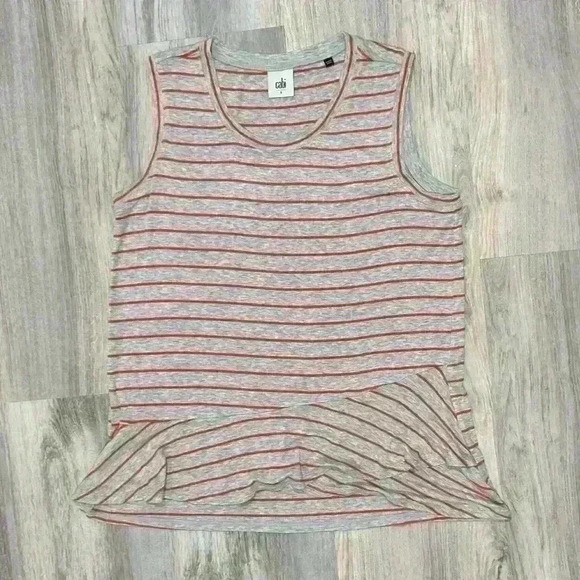 CAbi Gray Orange Stripe Ruffle Tank Top Sleeveless Shirt Peplum  #5331 Size S - Picture 1 of 7